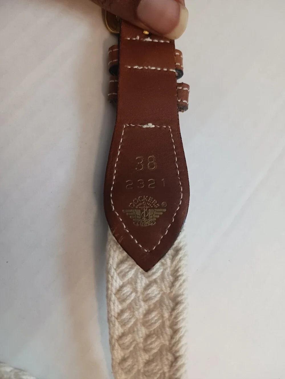 Vtg Dockers Woven Canvas White Belt , Brass Buckle Sz 38 #2321 Made In USA